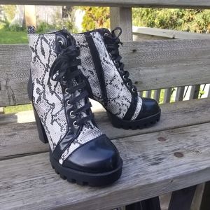 White & Black Faux Snakeskin Guess Combat Boots, Size 8